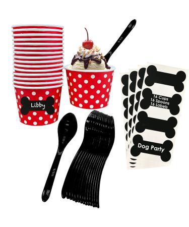 Outside the Box Papers Dog Theme Ice Cream Set with 8 Ounce Paper Cups, Plastic Spoons, Dog Bone Chalkboard Labels 16 Each Red, Black and White