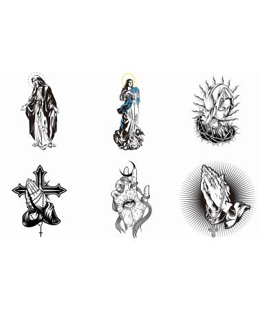 Dopetattoo 6 Sheets Temporary Tattoos Virgen Mary Praying Hands Cross Temporary Tattoo Neck Arm Chest for Women Men Adults