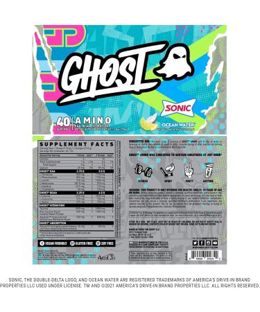 GHOST Amino Essential Amino Acid Supplement - Sonic Ocean Water Flavor - 40 Servings - Intra-Workout Powder with 4.5g BCAA & 5.5g EAA - Soy & Gluten-Free - Vegan Friendly - Buy Online on GoSupps.com