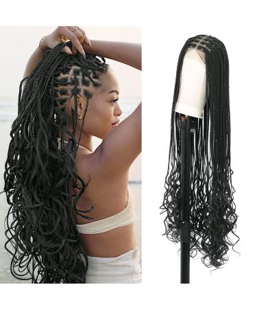 Lexqui 38 Knotless Box Braided Wigs for Women Full Double Lace Braids Wigs with Water Wavy Curls Ends Cornrow Synthetic Lace Front Braided Wigs with Baby Hair Long Handmade Braiding Hair Wig Black