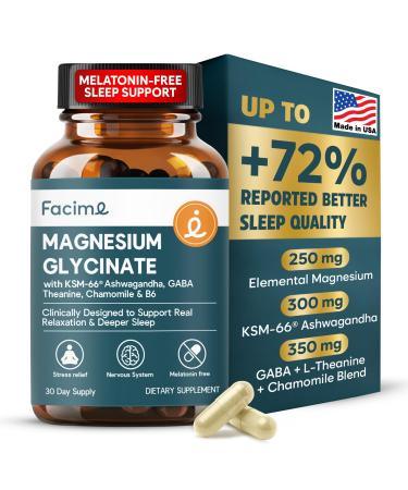 Natural Chelated Magnesium Glycinate Sleep Aid - Melatonin-Free Sleep & Stress Relief with KSM-66 Ashwagandha, GABA, L-Theanine & Chamomile for Muscle Relaxation - Made in USA - 90 Capsules