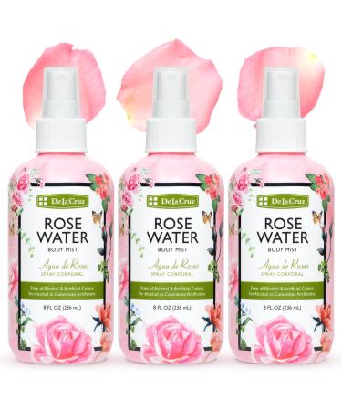 De La Cruz Rose Water Body Mist - Rosewater Spray for Face Skin and Hair 8 fl oz (3 Bottles) 8 Fl Oz (Pack of 3)
