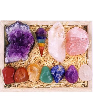 Crystals and Healing Stones Premium Kit in Wooden Box - 7 Chakra Stones Healing Crystals Set, Rose Quartz, Amethyst Cluster, Quartz Points, Chakra Pendulum, 82 Page EBook, 20x6 Guide Poster Gift Ready A Essential Chakra Collection