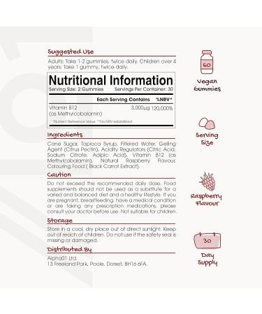 High Strength Vitamin B12 Gummies 1500mcg - Methylcobalamin Supplement - Non-GMO & Gluten Free - 60 Vegan Gummies - Buy Online on GoSupps.com