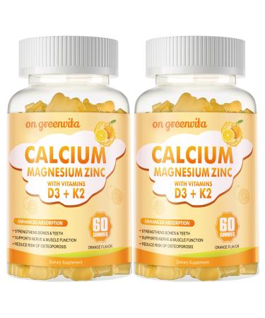 Calcium Magnesium Zinc Gummies with Vitamin D3 & K2 - High Potency Enhanced Absorption -120 Orange Gummies Flavored 60 Count (Pack of 2)
