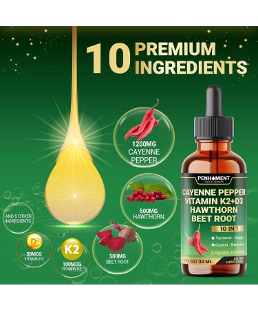 10in1 2700mg Cayenne Pepper Liquid Drops + Hawthorn Berry, Vitamin D3 K2 Beet Root Turmeric Ginger and More - Digestion Support - 1 Fl Oz - 2 Months Supply 1 Fl Oz (Pack of 1) - Buy Online on GoSupps.com