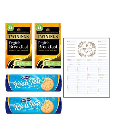 Breakfast Tea Time Bundle which Contains Twinings English Breakfast 40 Tea Bags (2) and McVitie's Rich Tea Classic Biscuits 300g (2) Including Grocery List Card