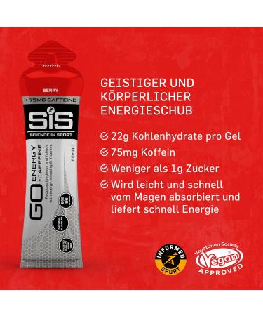 Science in Sport Go Energy + Caffeine Gel - 30x60ml - 22g Carbs 75mg Caffeine Low Sugar Vegan - Berry Flavor for Endurance Athletes - Buy Online on GoSupps.com