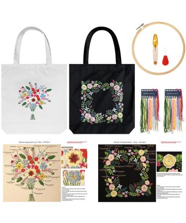 Homiton 2 Pack Embroidery Kit Canvas Tote Bag with Patterns for Beginners Personalized Canvas Bag Cross Stitch Kits Bamboo Embroidery Hoops Tools English Instruction for DIY (Black White)