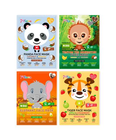 7th Heaven Jungle Animals Kids Beauty Face Masks | Elephant  Tiger  Panda and TimTom the Orangutan Printed Sheet Masks | Soothe and Hydrate Dry Skin