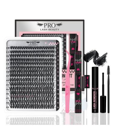 PRO DIY Lash Extension Kit 300 Pcs Lash Clusters D Curl Mix Eyelash Clusters Individual Lashes Kit Lash Bond And Seal Lash Remover Eyelash Brush Lash Tweezer Self Apply At Home(40D-9-16mix Kit) 9-16 mix 40D-D Kit