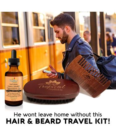 Natural Beard Grooming Kit for Men | 3-in-1 Set with Boar Bristle Brush Wood Comb & Hair Treatment Oil | Travel-Friendly - Buy Online on GoSupps.com