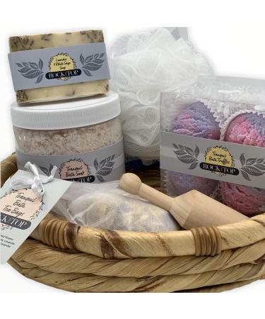 Rock the Top Anxiety Relief Items in a Spa Gift Baskets for Women. 6 Self Care Gifts  Mineral-Rich Bath Soak  Soap  Bomb Truffles  & Tea. Basket That Will Leave her Skin SO Soft.  Piece Set Lavender  Chamomile  White Sag...