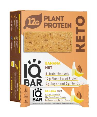 IQBAR Brain and Body Keto Protein Bars - Banana Nut Keto Bars - 12-Count Energy Bars - Low Carb Protein Bars - High Fiber Vegan Bars and Low Sugar Meal Replacement Bars - Vegan Snacks 12 Count (Pack of 1)