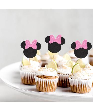 Arthsdite 24Pcs Mouse Inspired Cupcake Toppers with Pink Bow Black Glitter Mouse Cake Decorations for Baby Shower Wedding Kids Birthday Party Cake Decorations Supplies - Black Glitter - Buy Online on GoSupps.com