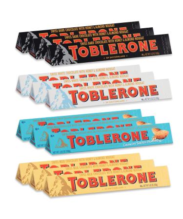 Toblerone Swiss Chocolate Variety Pack, Milk Chocolate, Dark Chocolate, White Chocolate & Crunchy Salted Caramelized Almond, Easter Chocolate, 3.52 Ounce (Pack of 12)