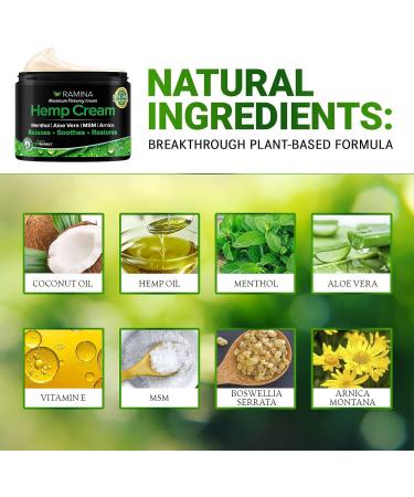 Ramina Natural Hemp Extract Cream with Menthol, MSM & Arnica - Made in USA - Soothes Muscles, Joints, Back, Knee, Nerves - Non-GMO - 4 fl oz - Buy Online on GoSupps.com