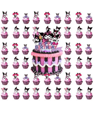 Educatgame 48 Kawaii Cupcake Toppers with 1 Happy Birthday Cake Topper Cute Cartoon Anime Themed Party Supplies Perfect for Birthday Party Decorations (A)