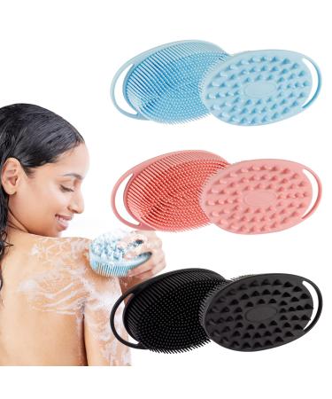 Ousiya Silicone Body Scrubber Loofah Exfoliating Body Brush Shower Scrubber for Kids Women Men All Kinds of Skin(3 Pack) Pink/Blue/Black