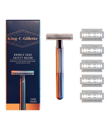 King C. Gillette Safety Razor with Chrome Plated Handle and 5 Platinum Coated Double Edge Safety Razor Blade Refills Razor + 5 Blades