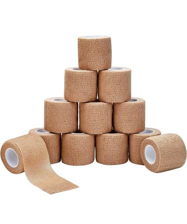 Self Adhesive Bandage wrap - 2 Inches by 5 Yards Cohesive Bandage for All Sports (Pack of 12) | Brown Non-Woven Self adhering Bandage Wrap | Breathable Athletic Tape for Wrists, Knee and Ankle 12 Pack