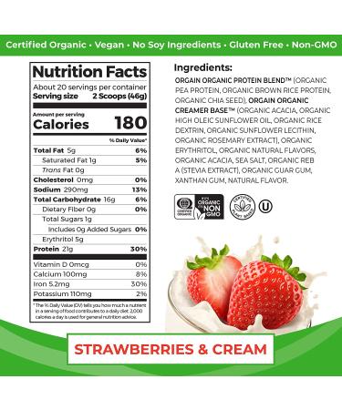 Orgain Organic Vegan Protein Powder - Strawberries & Cream | 21g Plant Based Protein | Low Net Carbs | Gluten & Lactose Free | No Sugar Added | Soy & Non-GMO | 2.03 Lb - Buy Online on GoSupps.com