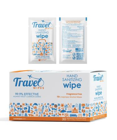 HAND SANITIZING TRAVEL WIPES - Individually Packed Premium Hand Sanitizing Wipes for Travel, Home, Office, School, etc. with Moisturizer - Manufactured in USA (Fragrance Free 30ct Box)