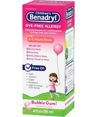 Children's Benadryl Dye-Free Allergy Liquid - Diphenhydramine HCl, Bubble Gum Flavor - 4 fl. oz - Pack of 1 - Buy Online on GoSupps.com