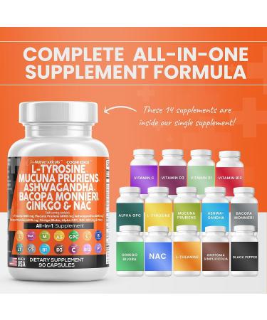 Focus Supplement with L-Tyrosine, Mucuna Pruriens, Bacopa Monnieri, Ashwagandha, N-Acetyl Cysteine, 5-HTP, Ginkgo Biloba & More - 1000mg/6000mg/500mg/4000mg/600mg - USA Made - Buy Online on GoSupps.com