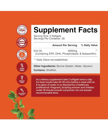 Antarctic Krill Oil 2000mg Softgels Per Serving - Omega 3 Krill Oil Supplement with EPA DHA & Astaxanthin (60 Count (Pack of 1) - Buy Online on GoSupps.com