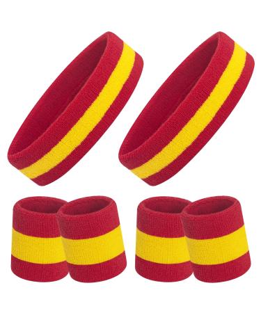 ONUPGO 6 Pieces Sweatbands Set - Including 2pcs Sports Headband and 4pcs Wristband Sports Band for Gym Workout & Yoga, Football Baseball Basketball Soccer Boxing & Tennis Red/Yellow/Red