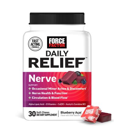 Force Factor Daily Relief Nerve Supplement with Alpha Lipoic Acid, B Vitamins, CoQ10 & Acetyl-L-Carnitine HCl for Nerve Discomfort in Hands, Feet, Toes & Fingers, Blueberry Acai, 30 Soft Chews