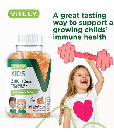 Kid's 3-in-1 Immune Support Gummies | 120 Count Zinc 10MG with Vitamin C & Echinacea | Gelatin-Free, Vegan Pectin Base | Orange Flavor Chewables - Buy Online on GoSupps.com
