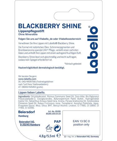  Labello Labello Blackberry Shine Lip Balm 6 Pack (6 x 4.8g) with Soft Red Shine and Shimmering Pigments Lip Care Without Mineral Oils - Buy Online on GoSupps.com