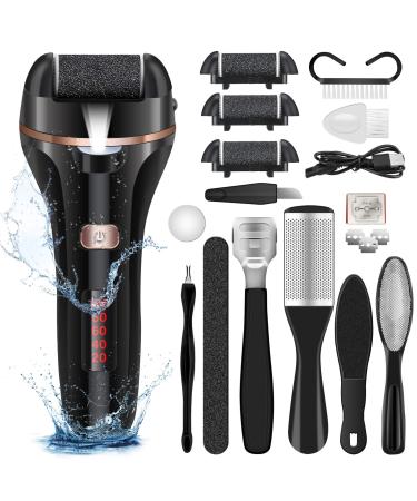 Electric Foot File Callus Remover, Rechargeable Pedicure Tools Foot Care Kit, Callus Remover Kit with 3 Roller Heads,2 Speed,Battery Display for Remove Cracked Heels Calluses and Hard Skin Black & Black