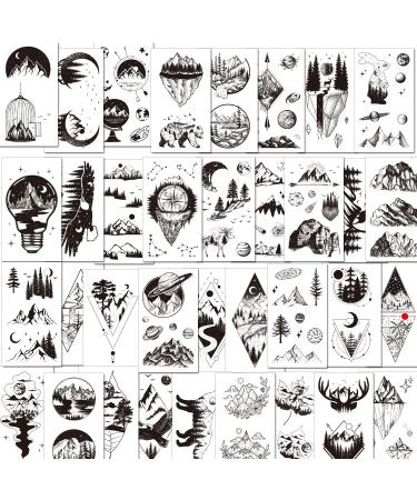 Tazimi Black Mountain Temporary Tattoos - 35 Sheets Waterproof Forest Sun Star Moon Space Designs for Men and Women | Body Art and Face Tattoos - Buy Online on GoSupps.com