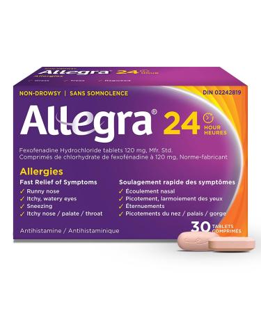 Allegra 24 Hour Allergy Medication Non Drowsy Fast and Effective Multi-Symptom Allergy Relief Medicine for Sneezing Watery Eyes and Itchy Throat Fexofenadine Hydrochloride 120 mg 30 Tablets 30 Count (Pack of 1)
