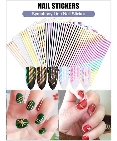 Ebanku 17 Sheets Strip Line Nail Stickers - 3D Fluorescent Laser Gold Nail Decals for Women - Nail Art Design Decoration - Buy Online on GoSupps.com