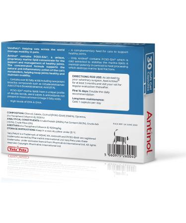 Antinol - Natural Joint Supplement for Adult Cats - Supports Joint Mobility & Skin Health - With Green Lipped Mussels Omega 3 & Vit E - 90 Capsules - Buy Online on GoSupps.com
