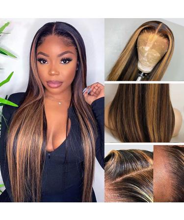 Highlight T Part Wig Human Hair P4/30 Blonde to Brown Straight 13x4x1 Transparent Brazilian Ombre Colored Lace Front Wigs Human Hair Pre Plucked Middle Part for Women 150% Density(16 Inch) 16 Inch P4/30 t part straight wig