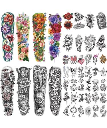SOOVSY 46 Sheets Full Arm Temporary Tattoos For Women Adults, 3D Extra Large Realistic Tattoos Half Sleeve, Waterproof Sexy Colorful Flowers Fake Tattoos Stickers for Men Kids Color-3
