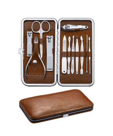 Familife Manicure Pedicure Kit Professional Nail Clippers Set Men and Women 12 Pieces Grooming Kit with Luxurious Leather Travel Case (D-Brown)