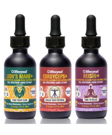 Life Cykel Professional Athletes Pack - Reishi Lion's Mane & Cordyceps Mushroom Extract- Full-Spectrum Mushroom Tincture for Energy Focus and Immune Health- Vegan Non-GMO Formula