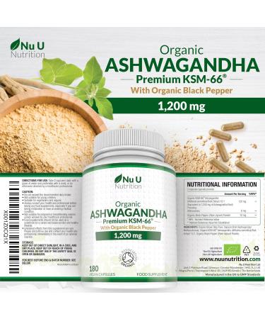 Organic Ashwagandha KSM-66 1200mg - 5% Withanolides - 180 Vegan Capsules not Tablets - High Strength Ashwaganda Enhanced with Black Pepper - Soil Association Certified - Nu U Nutrition - Buy Online on GoSupps.com