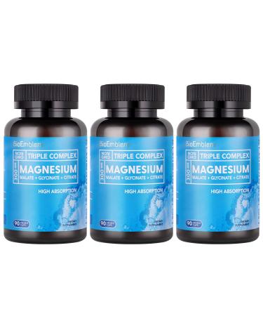 BioEmblem High Absorption Triple Magnesium Complex 300mg | Magnesium Glycinate for Nerves Malate for Energy Supplement to Support Muscle Health | Vegan Non-GMO 270 Capsules 3pack_270 Capsules