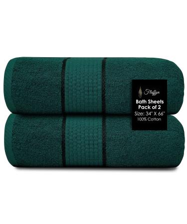 Fluffyn 100% Cotton Fancy Bath Sheets -Towels for Bathroom - Eco-Friendly, Super Soft, Highly Absorbent Bath Towels - Oeko-Tex Certified - 34" x 66" Inches (Dark Green, Bath Sheets Set of 2) Dark Green Bath Sheets Set of 2