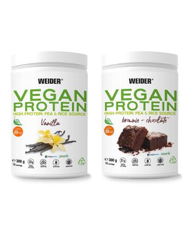 Weider vegan protein duo pack (2x300g) brownie & vanilla.100% vegetable protein from peas (Pisane) & rice.With vitamin B12 Stevia.Gluten -free sugar -free.Packaging 50% recycled 100% recyclable pack duo vanilla & chocolate (2x300g)
