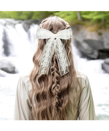 Lace Hair Bows White Hair Bows for Girls Long Tail Ribbons French Bow Clips for 90's Accessories Valentine's Day Women's Daily Wedding and Party Wear - Buy Online on GoSupps.com