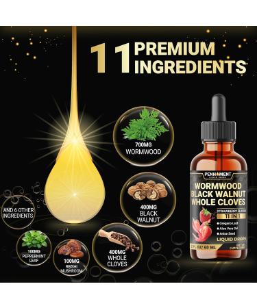 Penhoment 11in1 Wormwood Liquid Drops - Black Walnut Wormwood Liquid Extract with Whole Cloves, Reishi, Peppermint, Oregano, Aloe Vera, Anise Seed - 2 FL OZ - 60 Days Supply - Strawberry Flavor - Buy Online on GoSupps.com