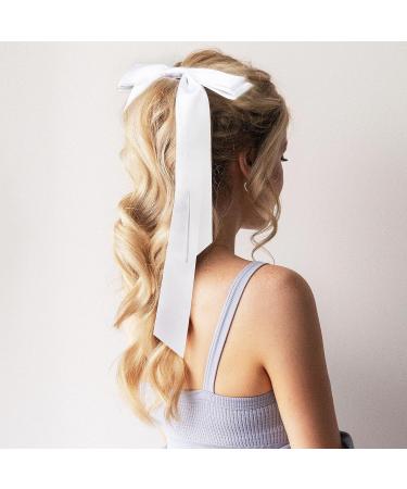 Large Satin Hair Bows Hair Ribbons for Women CEELGON 2PCS Big Long White  Ballet Style Hair Bows French Barrette Vintage Accessories for Girls-White